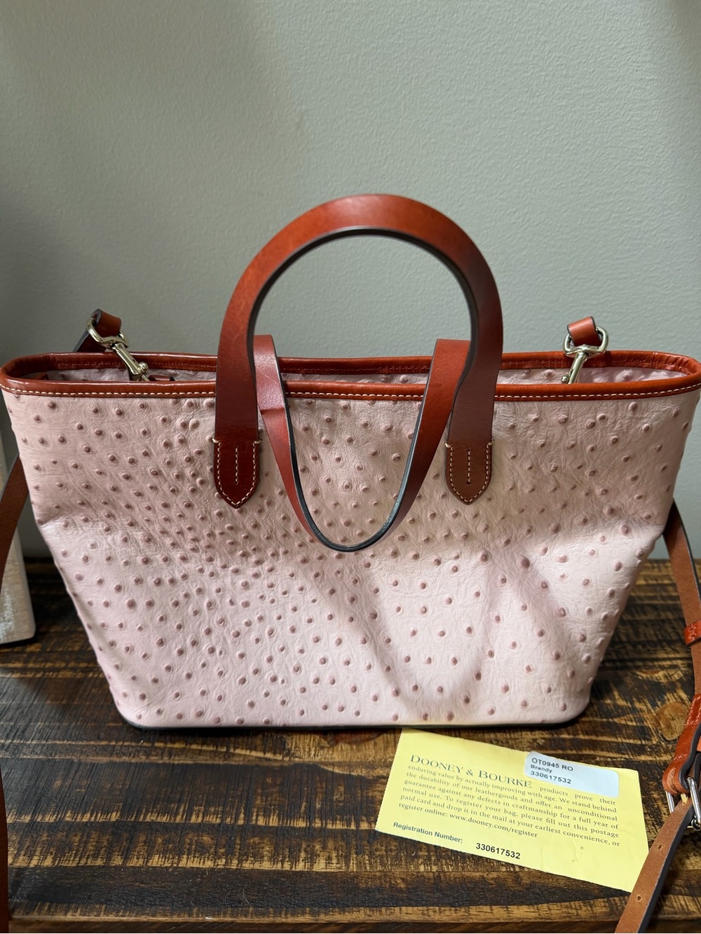 Dooney & Bourke Blush Ostrich-Embossed Tote with Brown Trim and Strap - Picture 2 of 12